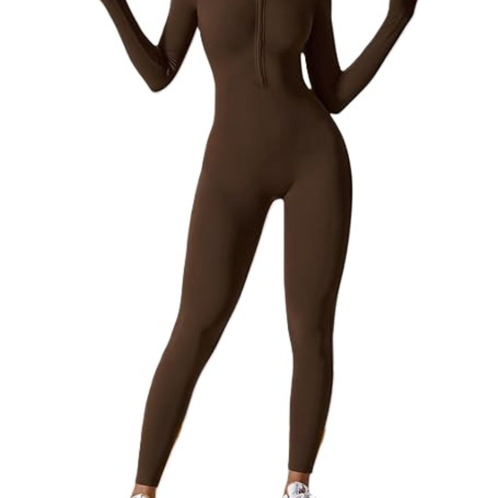 Women’s long‑sleeve zip workout jumpsuit, full‑length stretchy active bodysuit - Picture 6 of 15